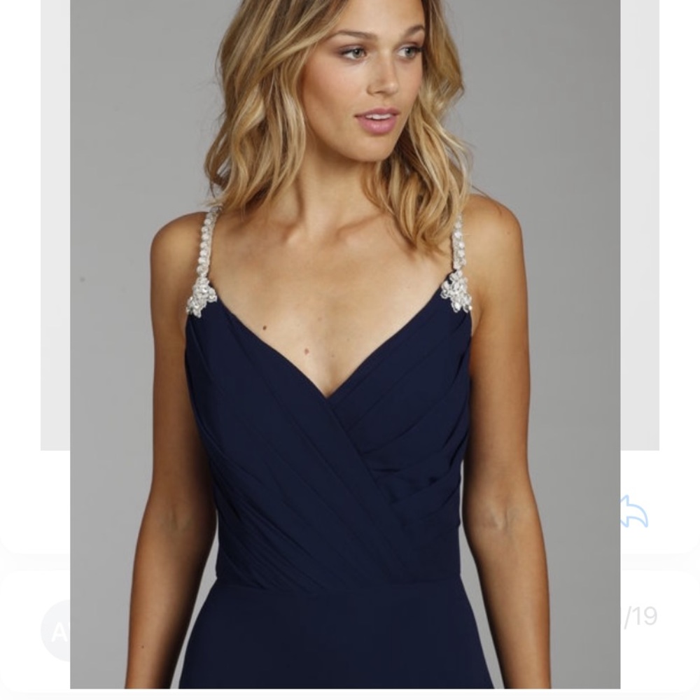 Hayley Paige navy gown with beaded straps